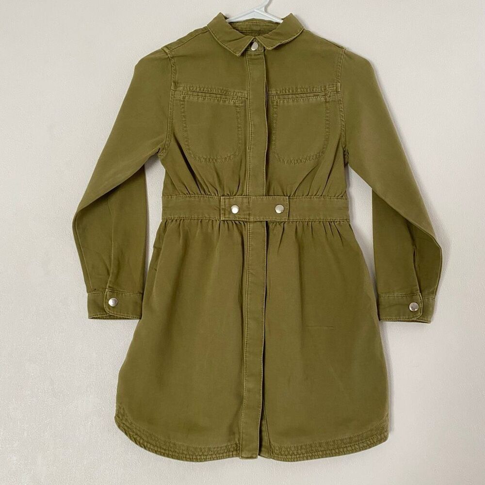 Zara Girls Olive Utility Shirt Dress Size 10 Khaki Button Front